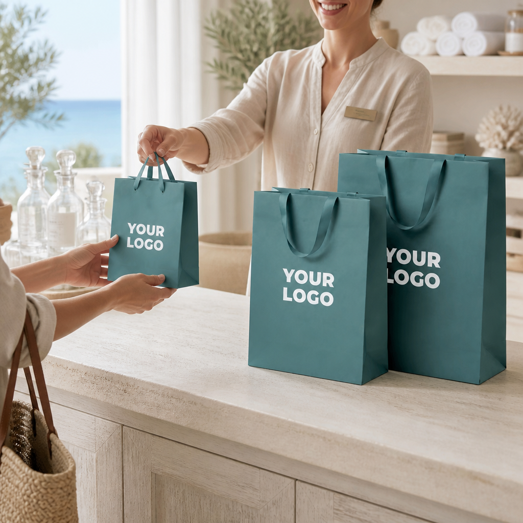 Teal logo paper bags in a boutique setting